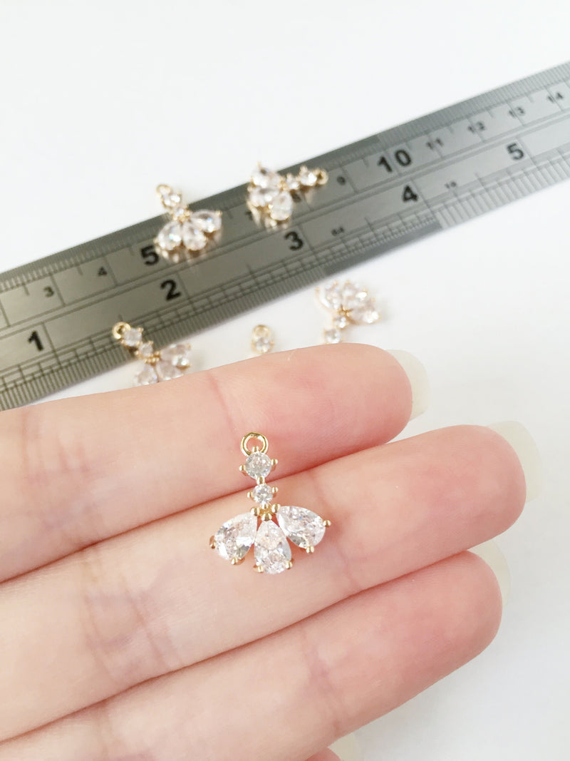 1 x 24K Gold Plated Cubic Zirconia Floral Drop Charm, 17x14mm (0008)