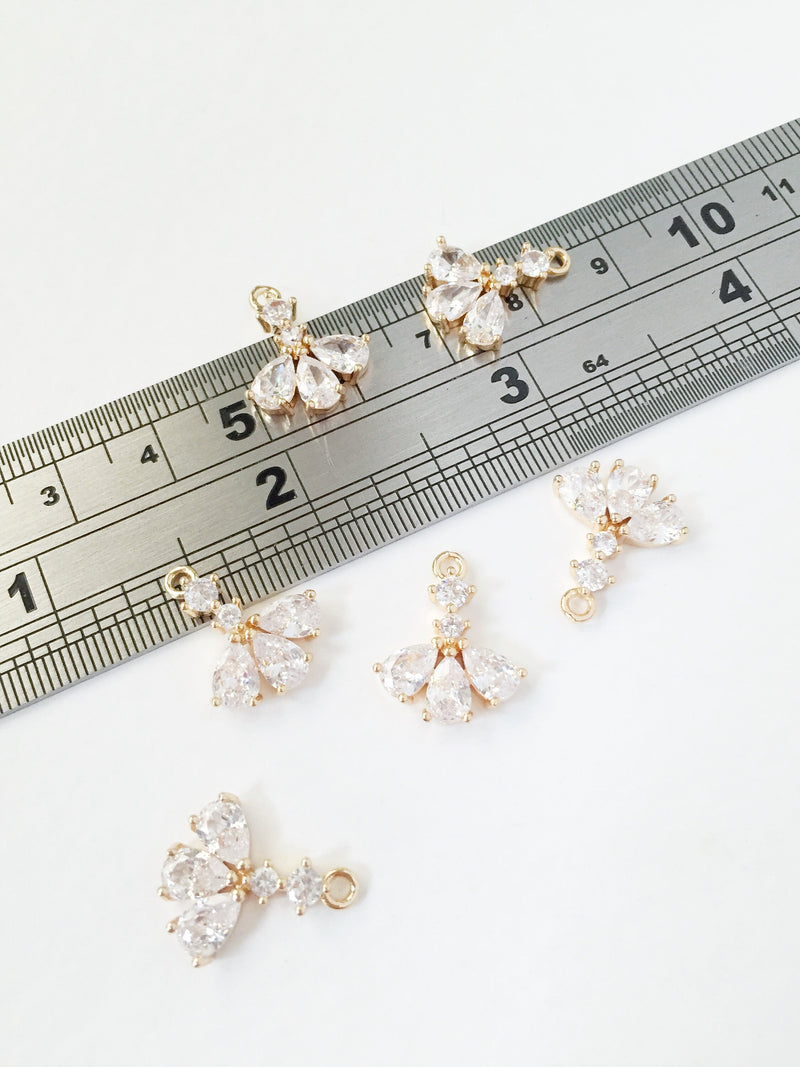 1 x 24K Gold Plated Cubic Zirconia Floral Drop Charm, 17x14mm (0008)