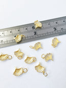 1 x 18K Gold Plated Ginkgo Leaf Charms with Cubic Zirconia, 11x10.5mm