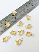 1 x 18K Gold Plated Ginkgo Leaf Charms with Cubic Zirconia, 11x10.5mm
