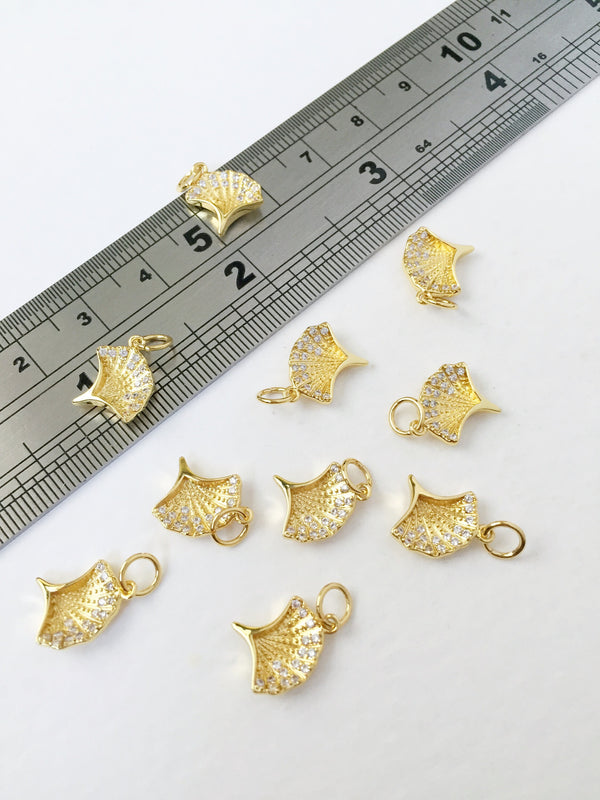 1 x 18K Gold Plated Ginkgo Leaf Charms with Cubic Zirconia, 11x10.5mm