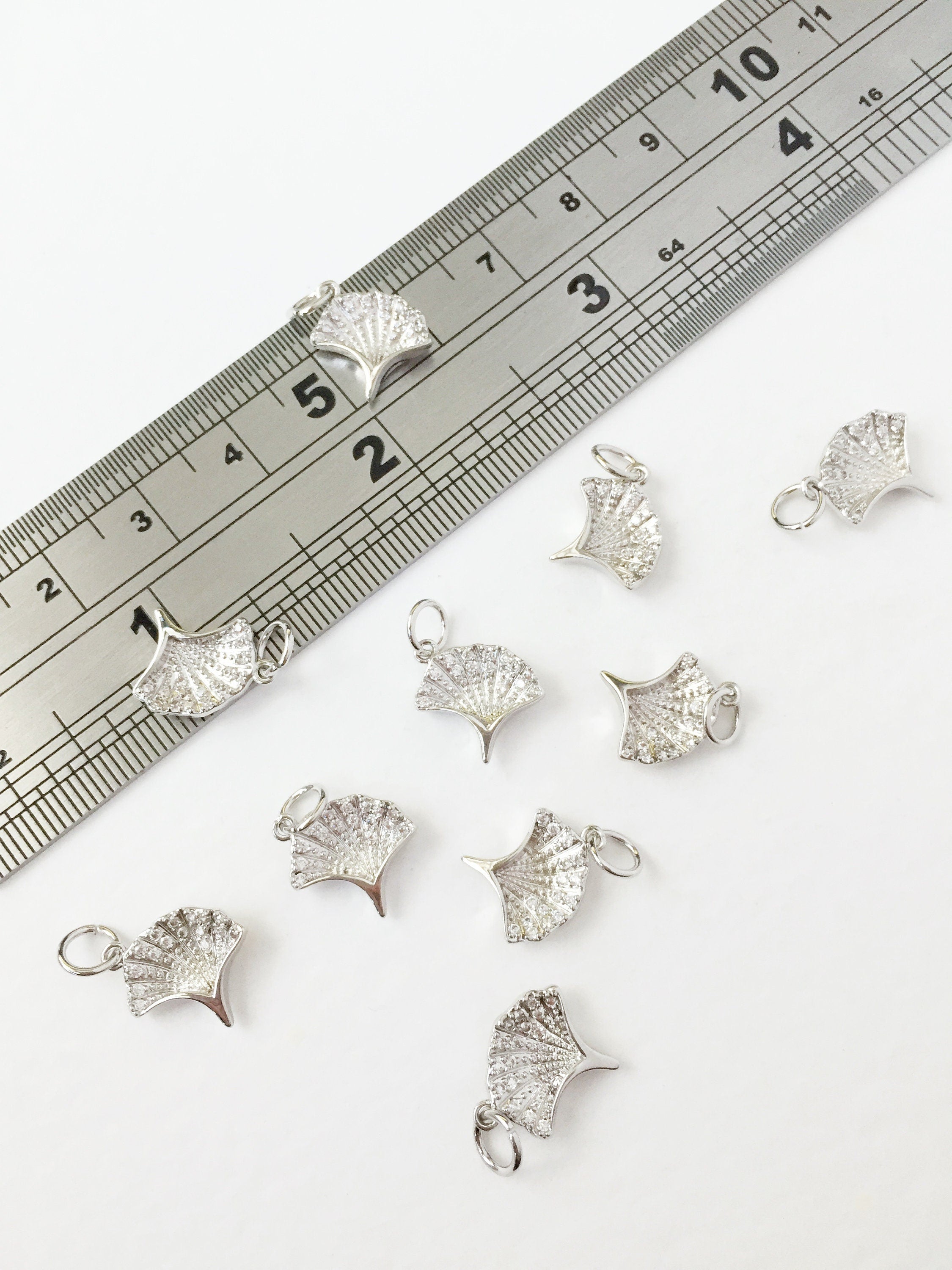 1 x Platinum Plated Ginkgo Leaf Charm with Cubic Zirconia, 11x10.5mm