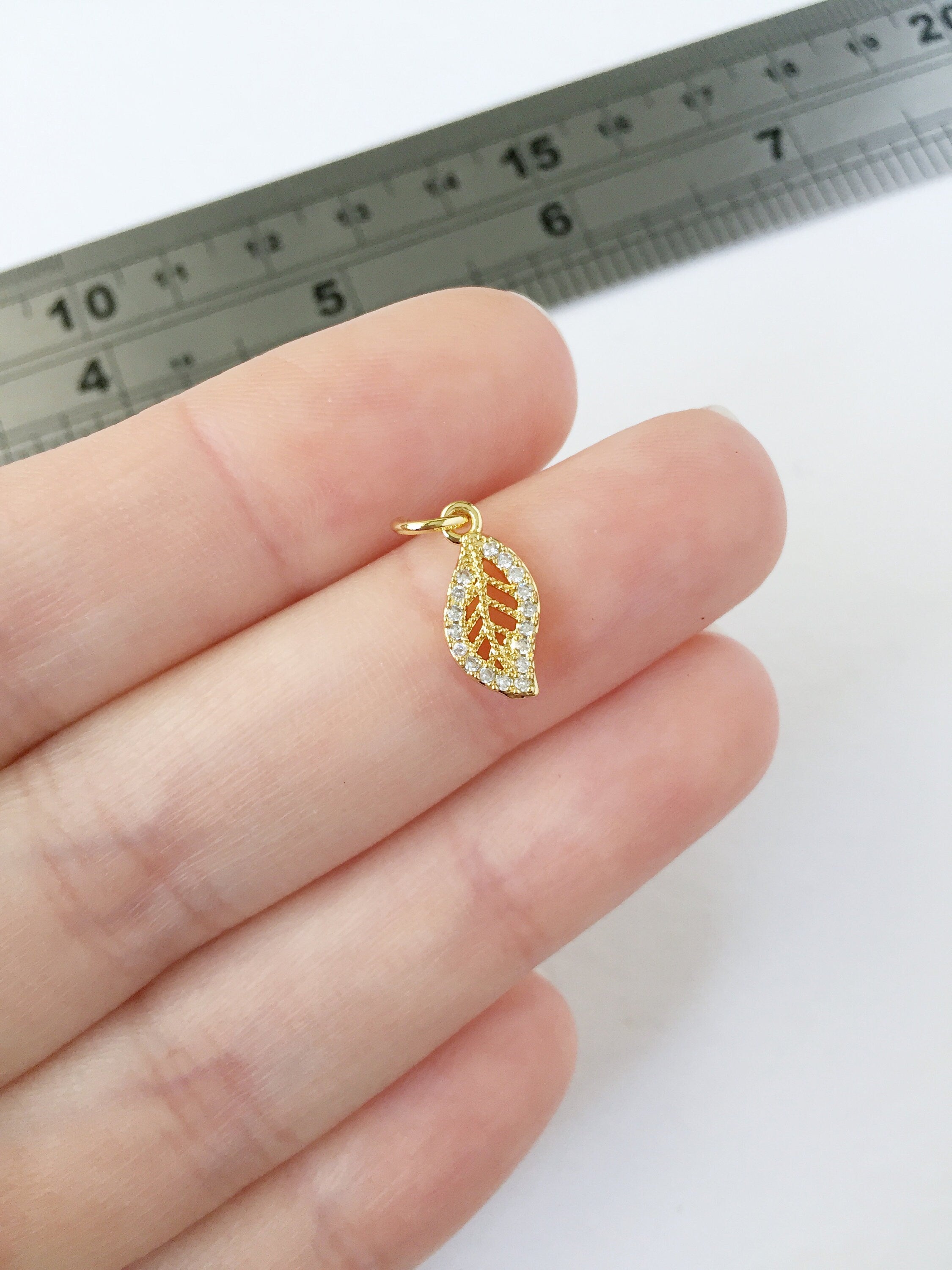1 x Gold Plated Openwork Leaf Charms with Cubic Zirconia, 13x6.5mm (0217)