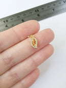 1 x Gold Plated Openwork Leaf Charms with Cubic Zirconia, 13x6.5mm (0217)