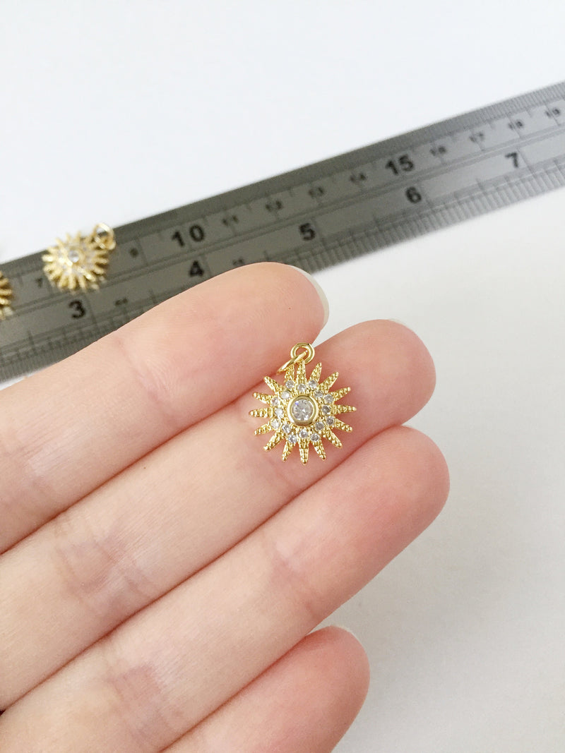 1 x 18K Gold Plated Sun Charms with Cubic Zirconia, 16x14mm