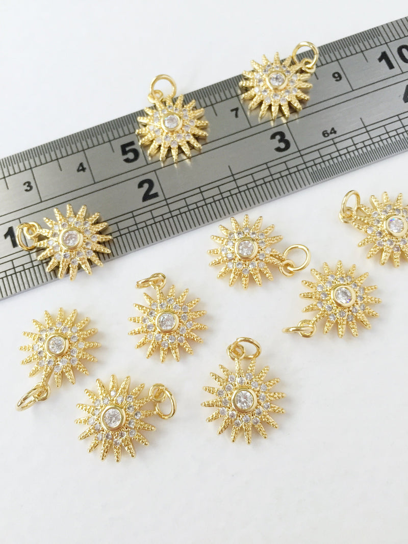 1 x 18K Gold Plated Sun Charms with Cubic Zirconia, 16x14mm