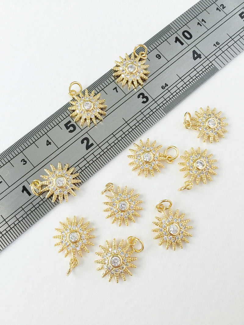 1 x 18K Gold Plated Sun Charms with Cubic Zirconia, 16x14mm
