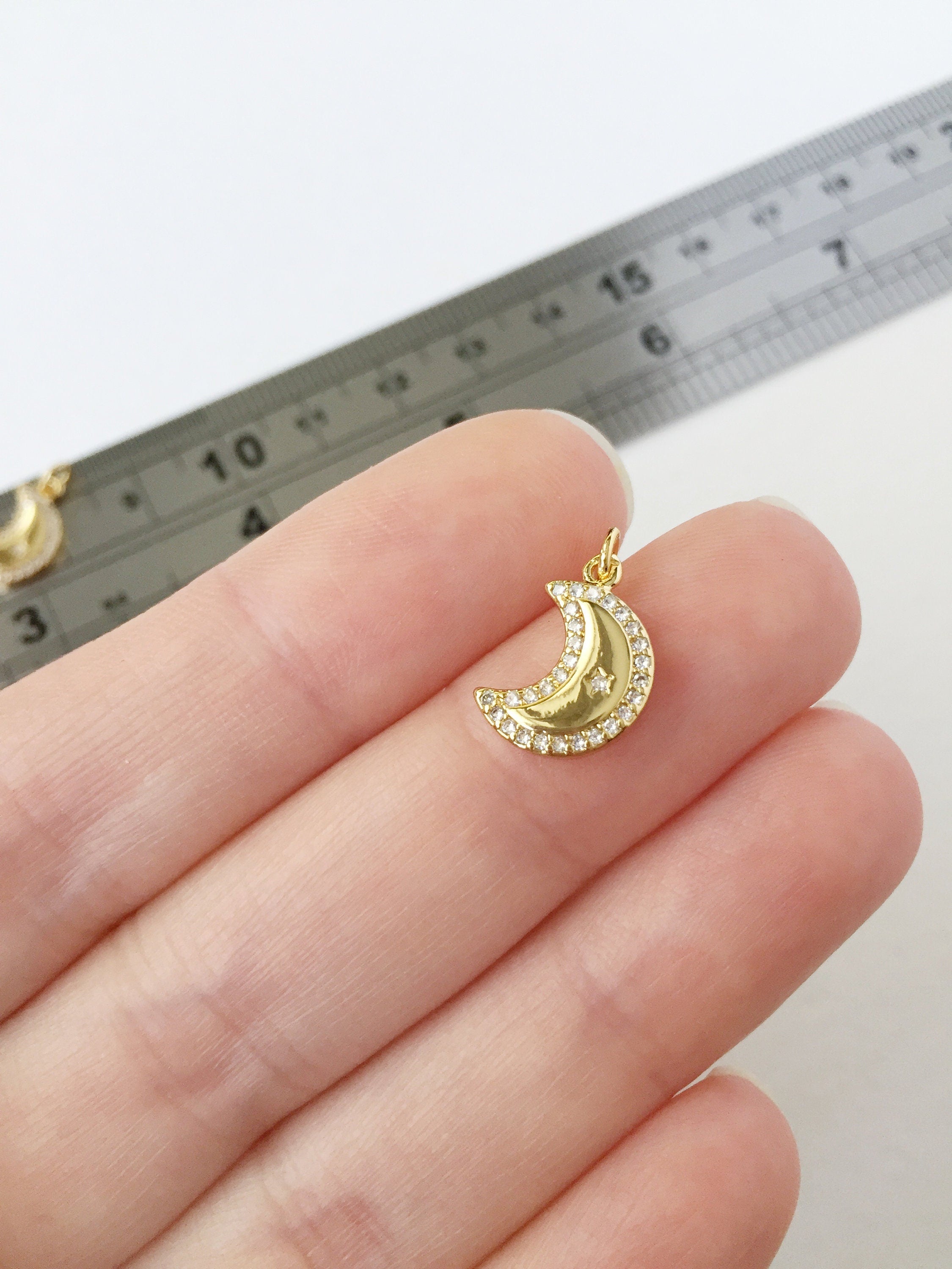 1 x 18K Gold Plated Crescent Moon Charm with Cubic Zirconia, 14x9.5mm (0274)
