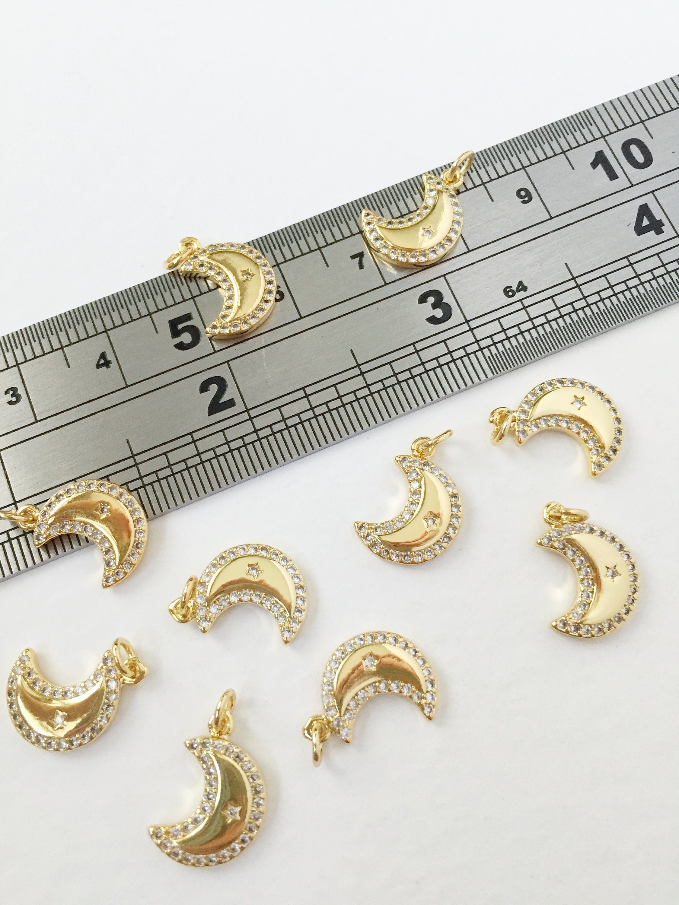 1 x 18K Gold Plated Crescent Moon Charm with Cubic Zirconia, 14x9.5mm (0274)