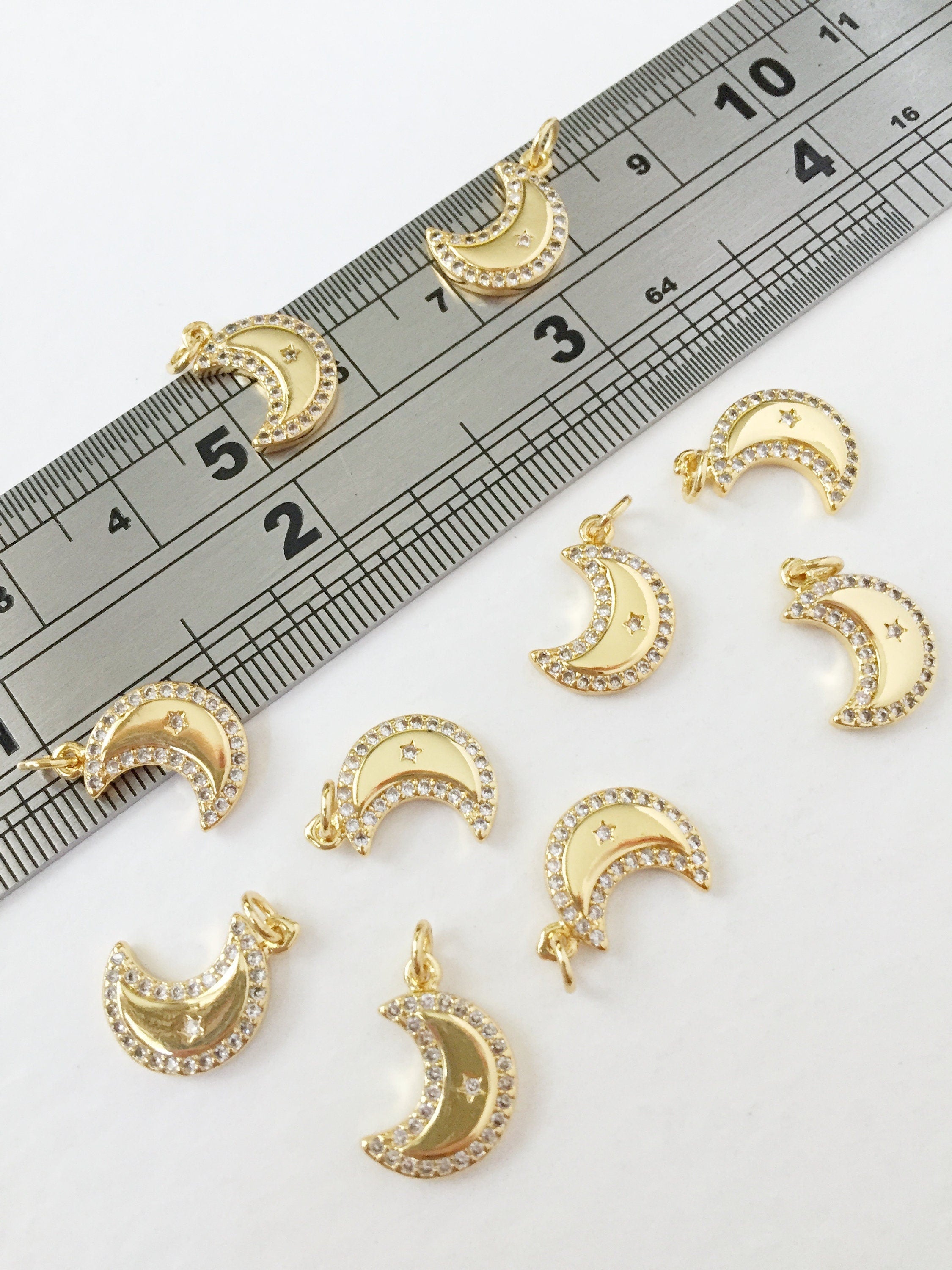 1 x 18K Gold Plated Crescent Moon Charm with Cubic Zirconia, 14x9.5mm (0274)