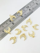 1 x 18K Gold Plated Crescent Moon Charms with Cubic Zirconia, 14x12.5mm (0224)