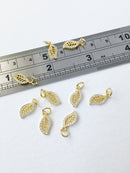 1 x Gold Plated Openwork Leaf Charms with Cubic Zirconia, 13x6.5mm (0217)
