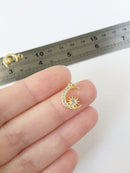 1 x 18K Gold Plated Crescent Moon and Star Charm with Cubic Zirconia, 14x10mm (0160)