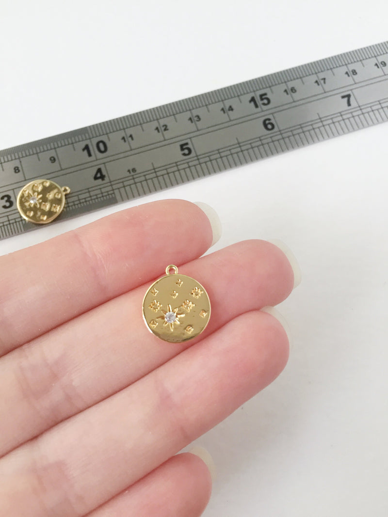 1 x 18K Gold Plated Coin Shaped Star Pendant with Cubic Zirconia, 13x11mm (0122)
