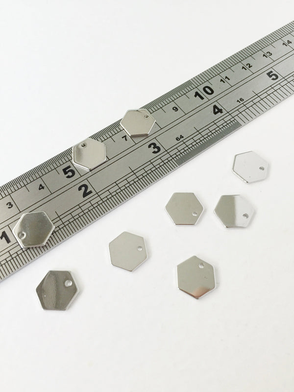 8 x Platinum Plated Brass Shiny Hexagon Charms, 10.5x12mm (0107)