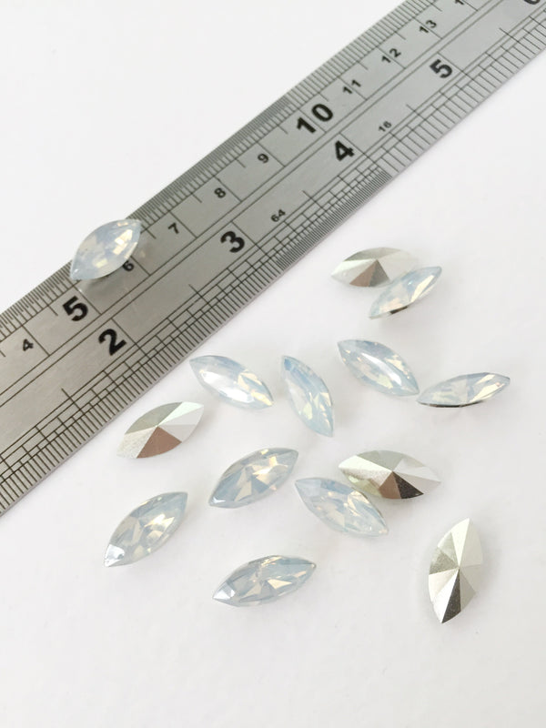 24 x 7x15mm White Opal Navette Rhinestone, Foiled Back Crystals (0615)