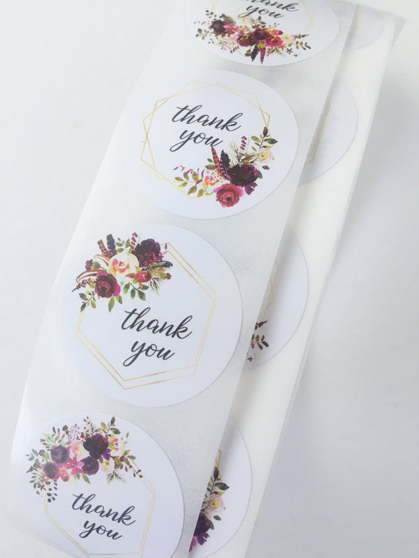 100 x Thank You Floral Stickers, 2.5cm Round Stickers