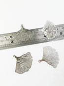 2 x Platinum Plated Etched Metal Ginkgo Leaf Pendants, 30x33mm (0577)