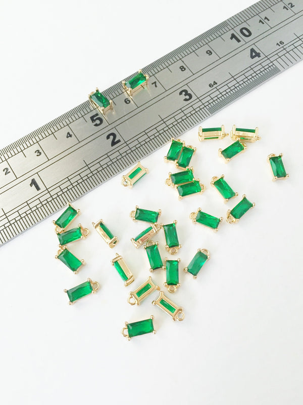 2 x Tiny Emerald Green Baguette Cut Crystal Pendants, 4x8mm Gold Rectangular Charms (1005)