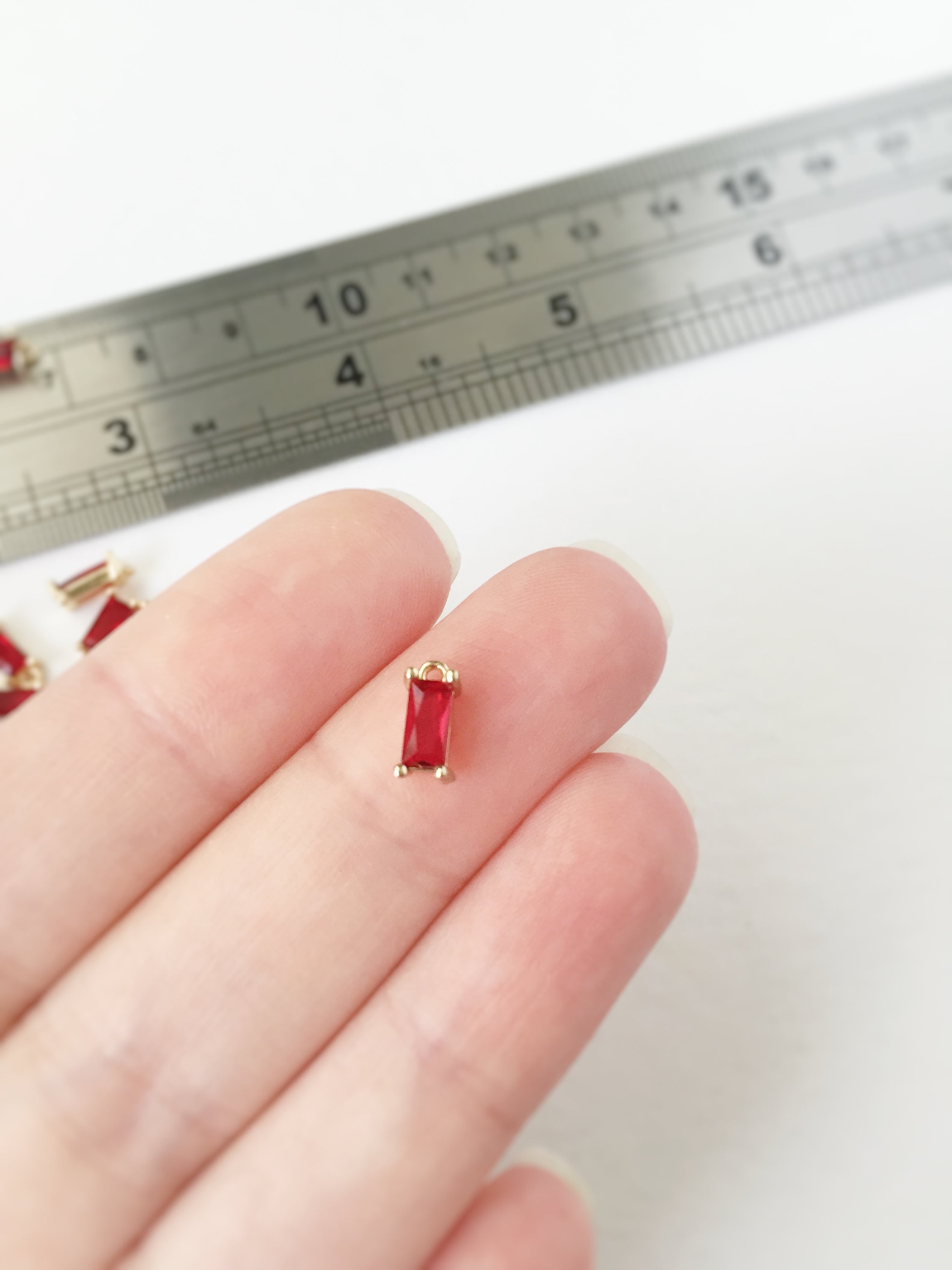 2 x Tiny Ruby Red Baguette Cut Crystal Pendants, 4x8mm (1010)
