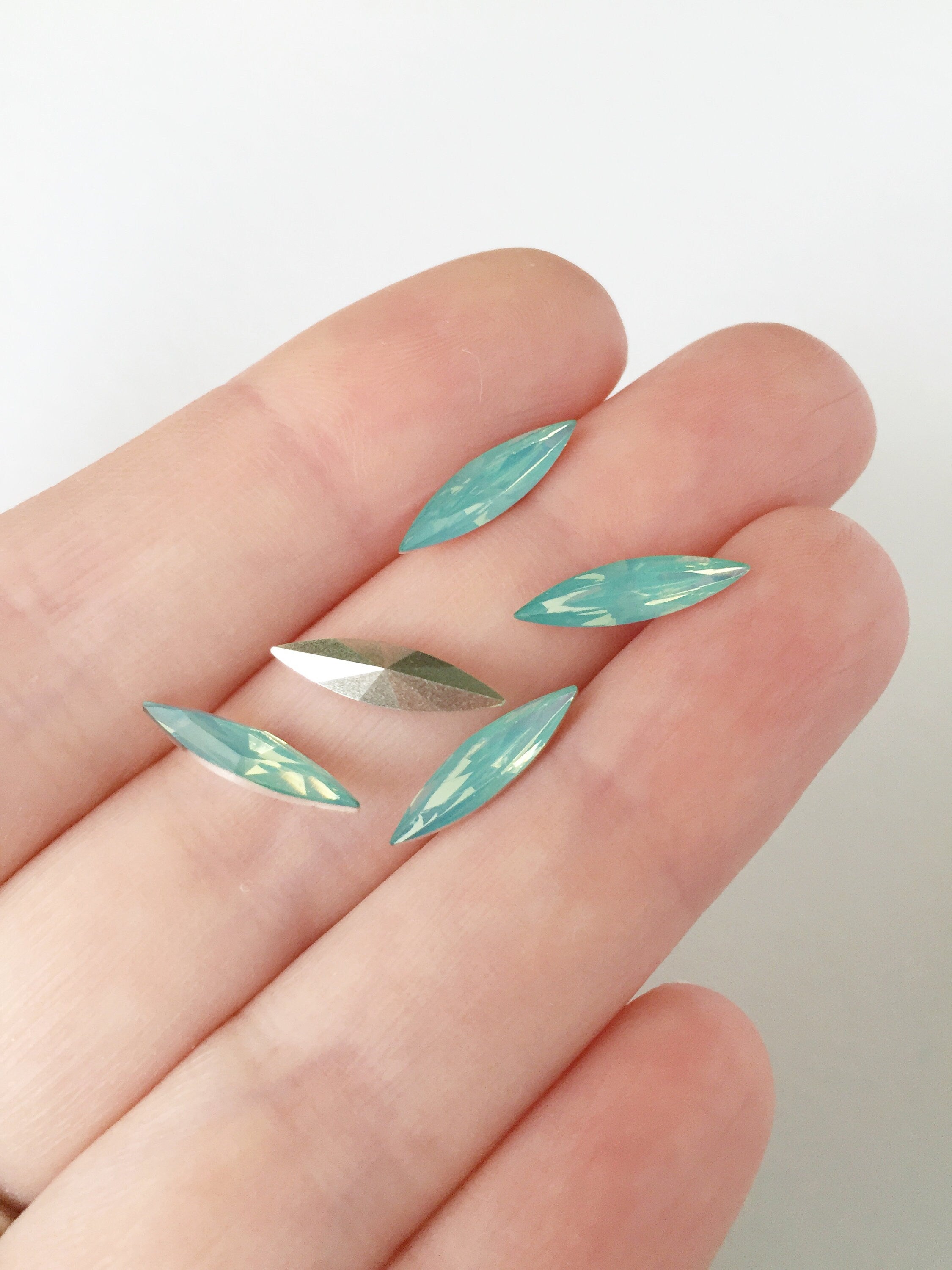 24 x 4x15mm Green Opal Navette Rhinestones, Foiled Back (0886)