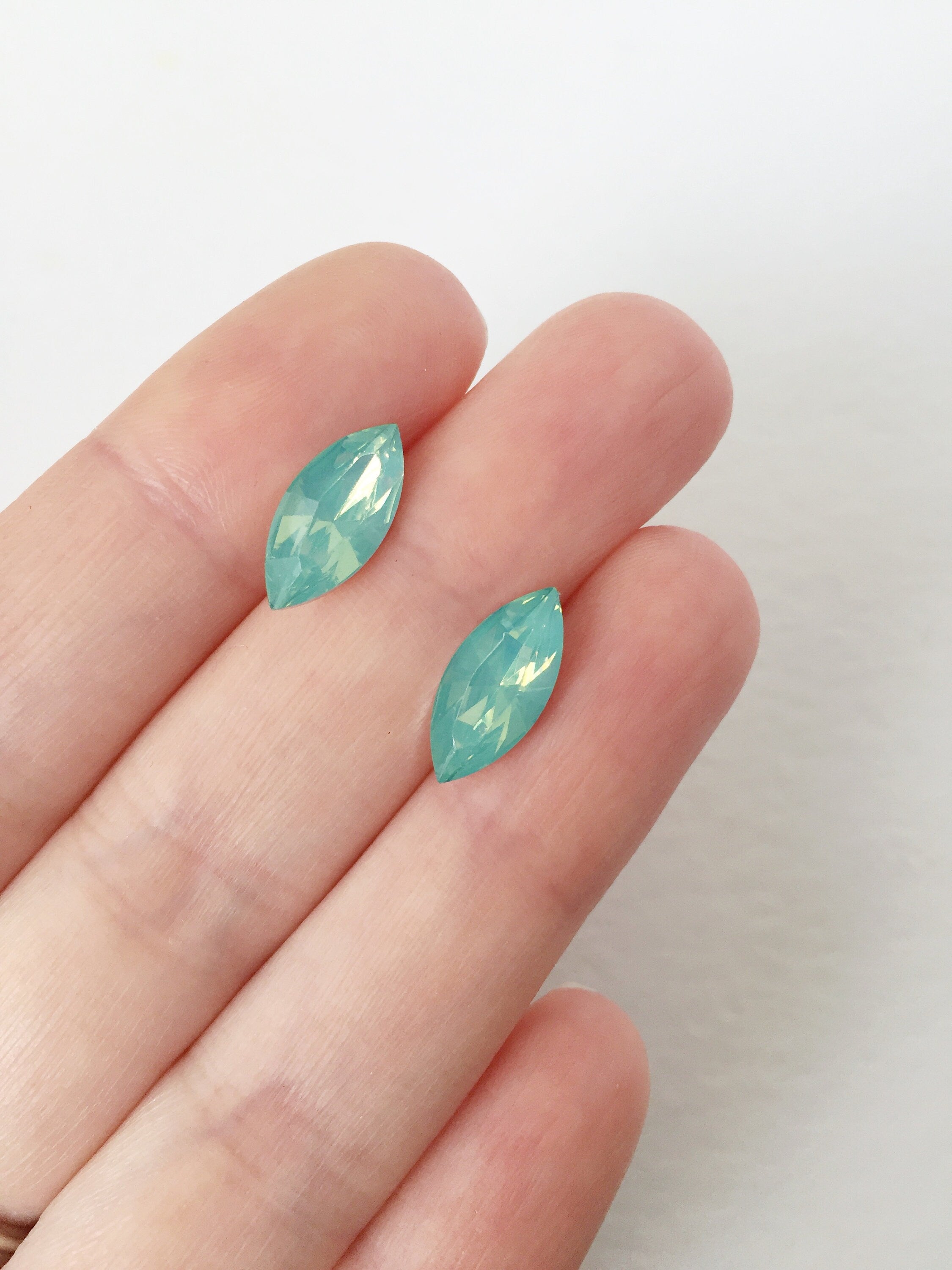 12 x 7x15mm Green Opal Navette Rhinestones, Foiled Back (0884)