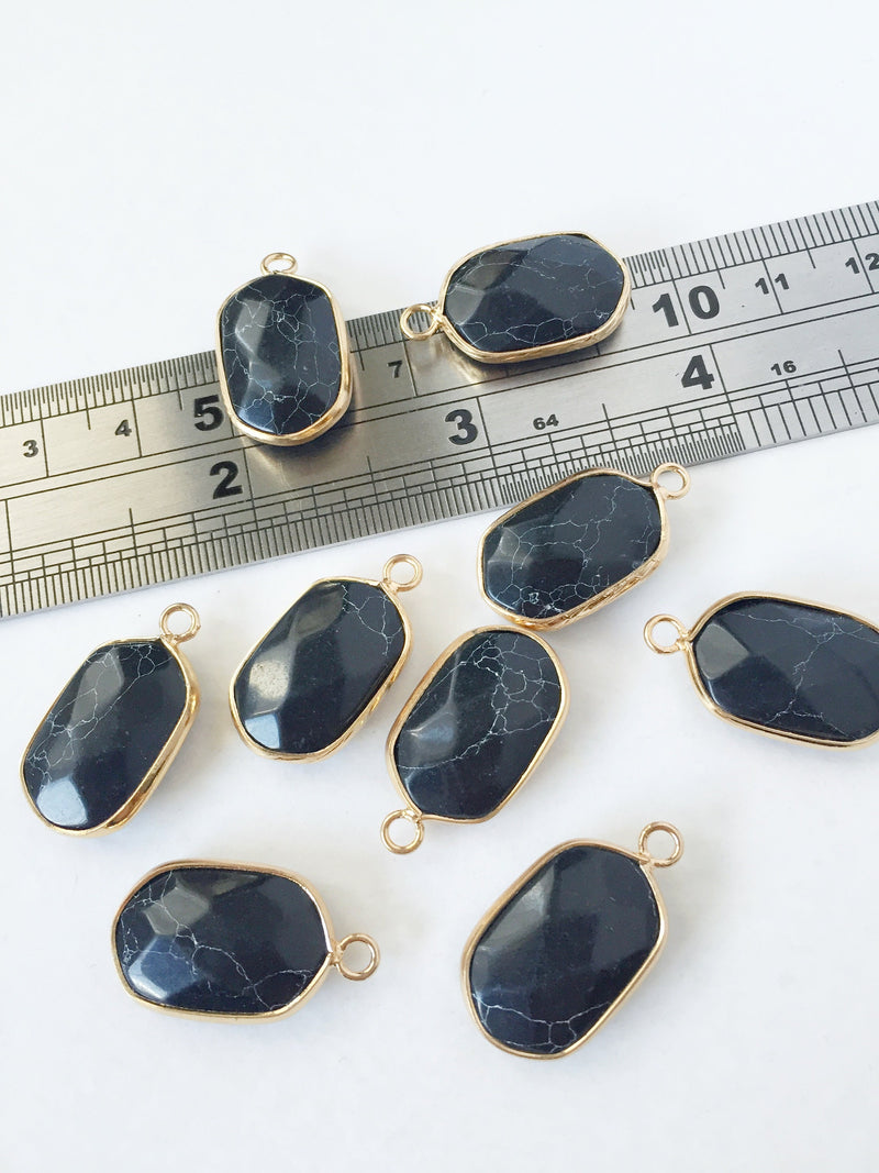 1 x Black Turquoise Pendant, 25x14mm Faceted Hexagon Gemstone Charm (0591)