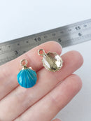 4 x Ocean Blue Enamel Gold Clam Shell Charms, 19x13mm (0550)