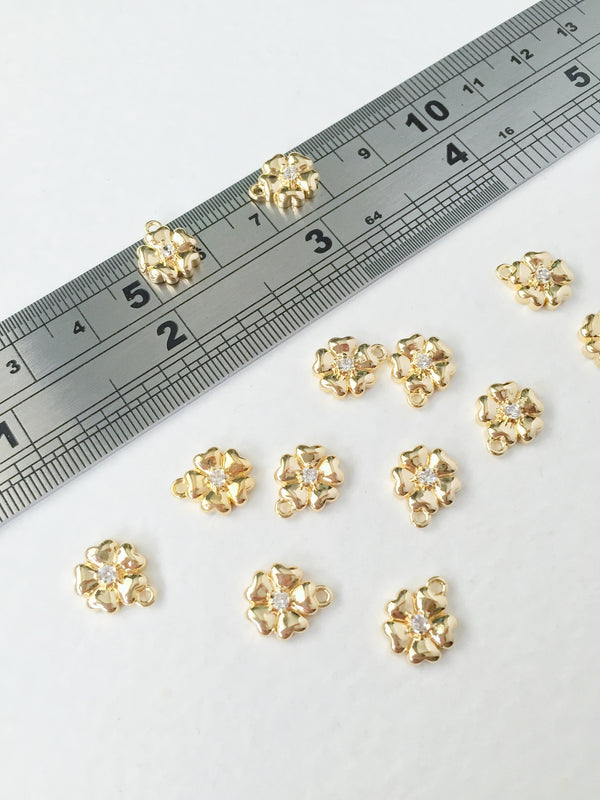 2 x 18K Gold Plated Flower Charms with Cubic Zirconia, 11x9mm (1022)
