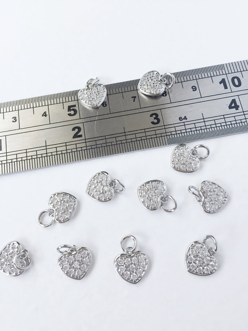 1 x Platinum Plated Tiny Heart Charms with Cubic Zirconia, 10x10mm (0556P)