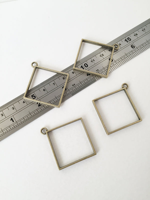 2 x Large Bronze Rhombus Open Bezel Pendants, 49x44mm (2466)