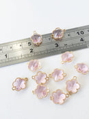 2 x Gold Plated Faceted Pink Glass Flower Connectors, 16x12mm (1052)