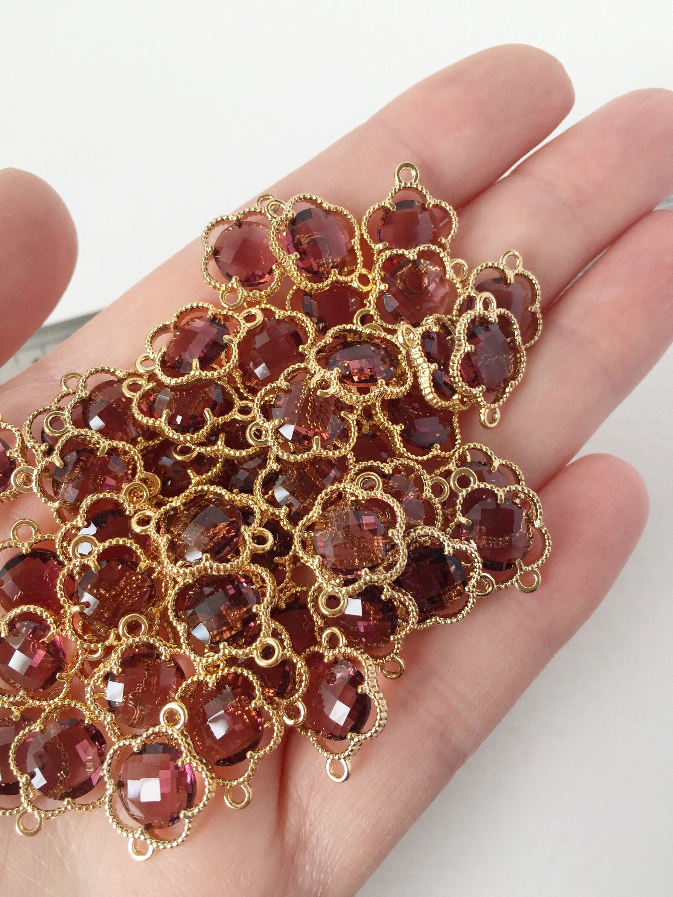 2 x Gold Plated Faceted Burgundy Glass Flower Connectors, 16x12mm (1048)