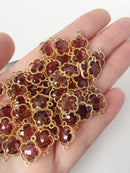 2 x Gold Plated Faceted Burgundy Glass Flower Connectors, 16x12mm (1048)