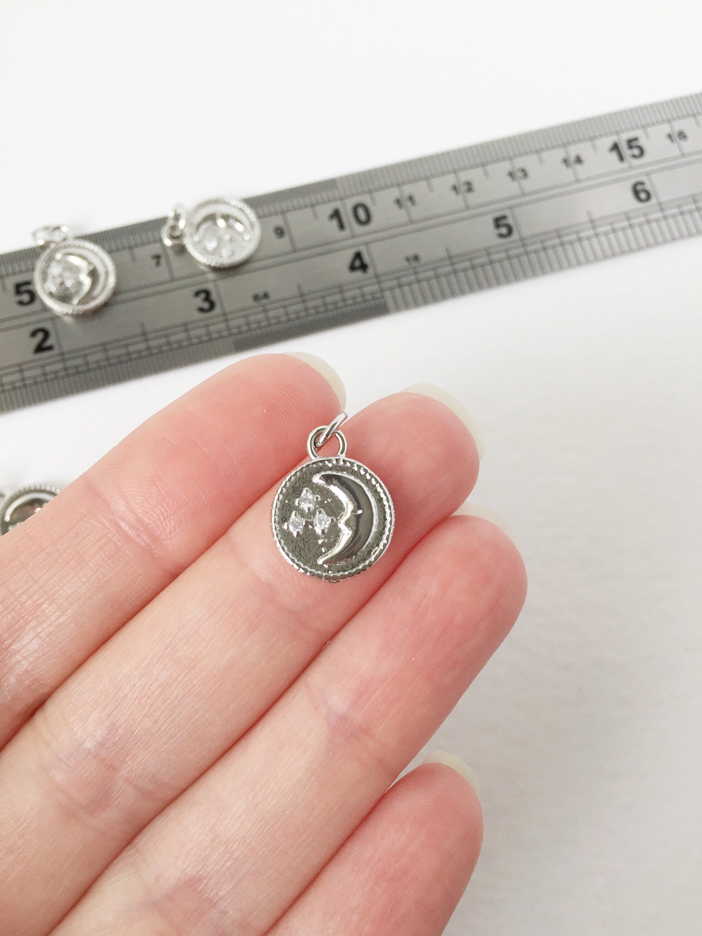 1 x Real Platinum Plated Brass Moon and Stars Charm, 15x12mm (1445)