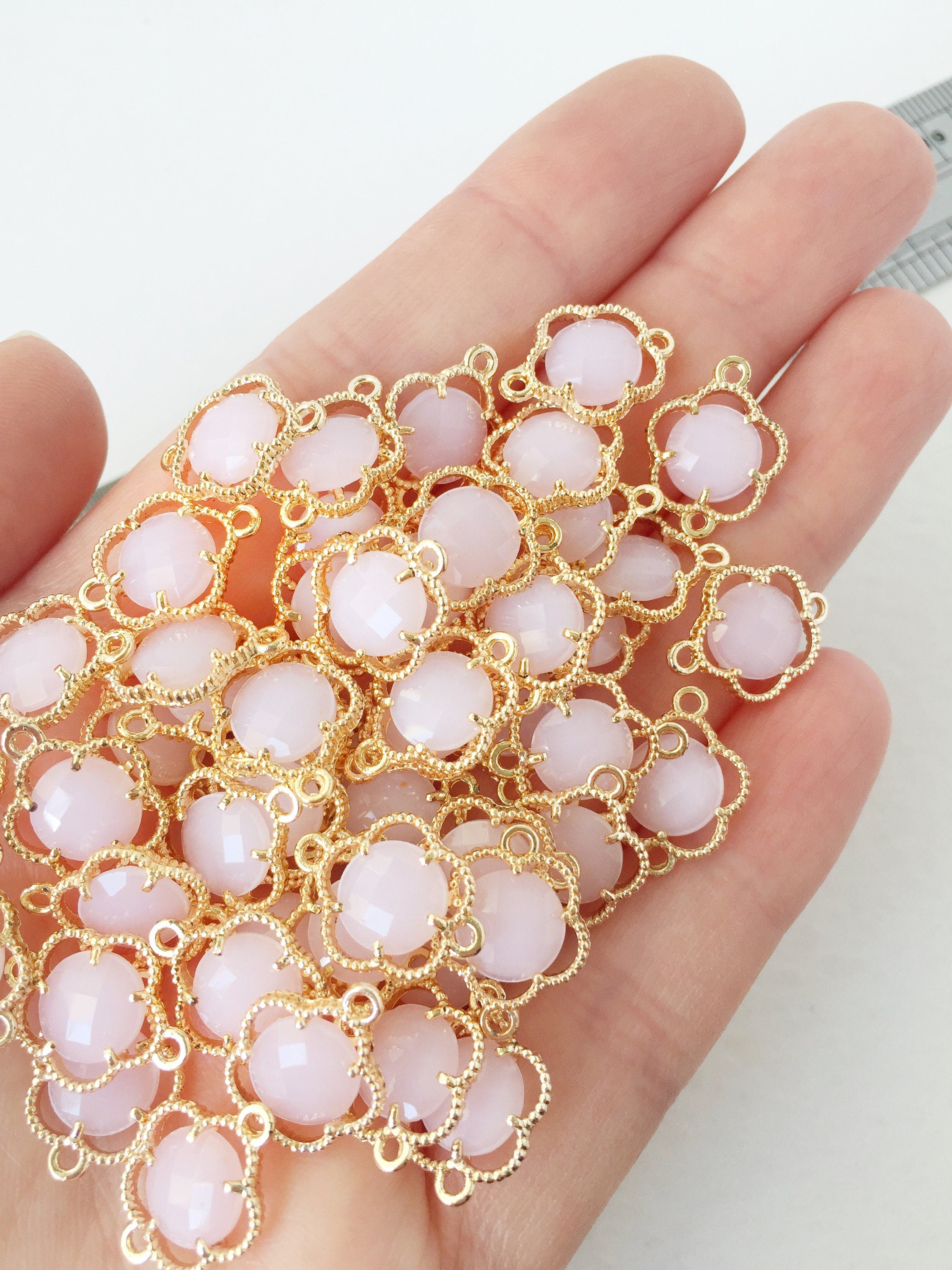2 x Gold Plated Faceted Opaque Pink Glass Flower Connectors, 16x12mm (1051)