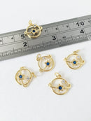 1 x 18K Gold Plated Saturn Planet Charm with Blue CZ, 15x17mm (1037)