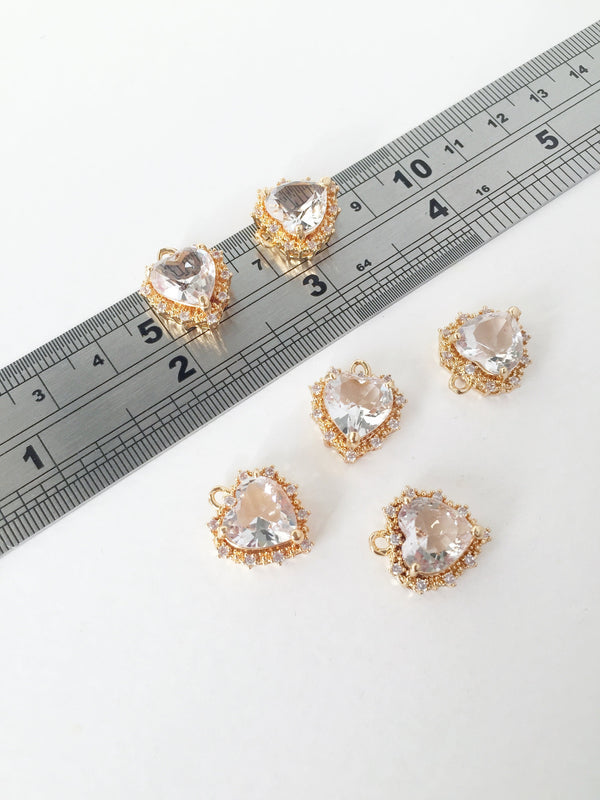 1 x 24K Gold Plated Faceted Glass Heart Charms, 18x15mm (1437)