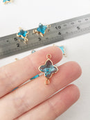 2 x 24K Gold Plated Quatrefoil Sky Blue Glass Jewellery Connector, 21.5x15mm (1124)