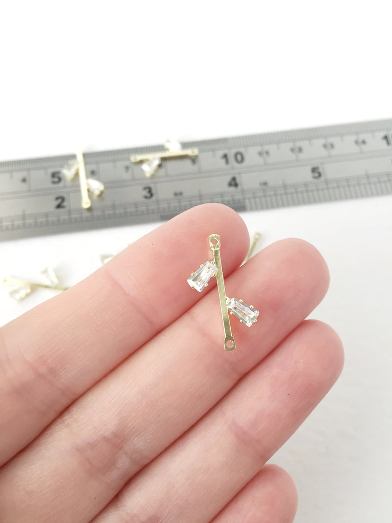 2 x Light Gold Plated Cubic Zirconia Leaf Bar Connectors, 20x11mm (0495)