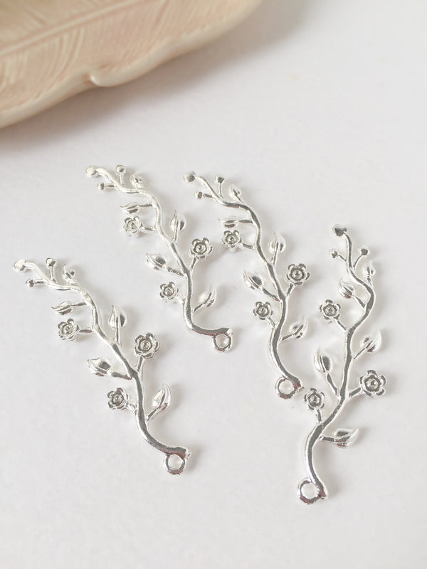 4 x Silver Plated Metal Blooming Branch Embellishment Pendants, 59x16mm