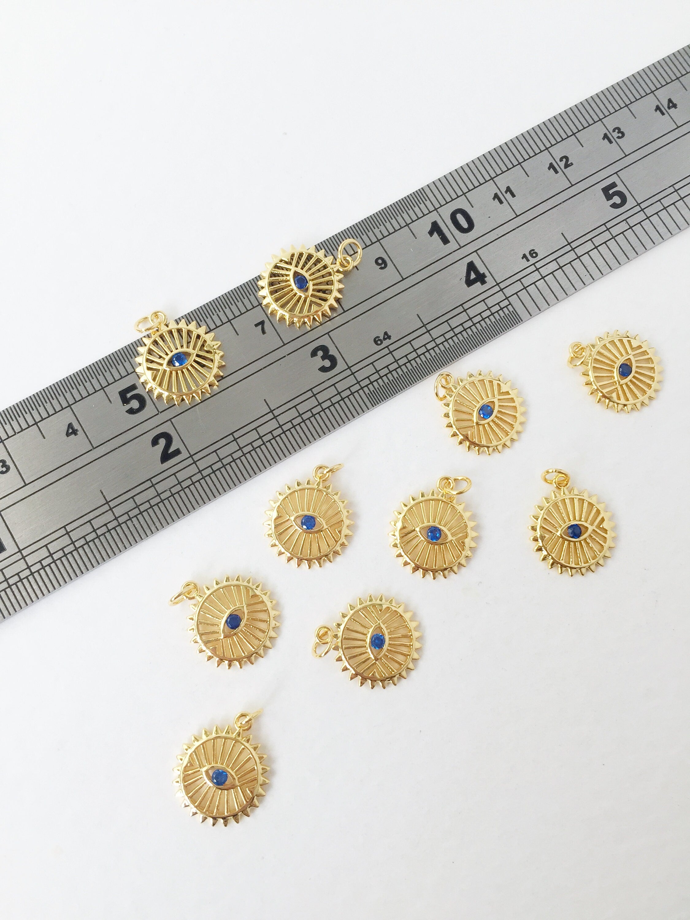 1 x 18K Gold Plated Evil Eye Pendant with Blue Cubic Zirconia Eye Charms, 14x12.5mm (1089)