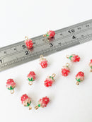 2 x Gold Plated Enamelled Strawberry Charms, 13x8mm Berry Pendants (1154)