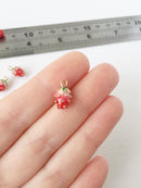 2 x Gold Plated Enamelled Strawberry Charms, 13x8mm Berry Pendants (1154)