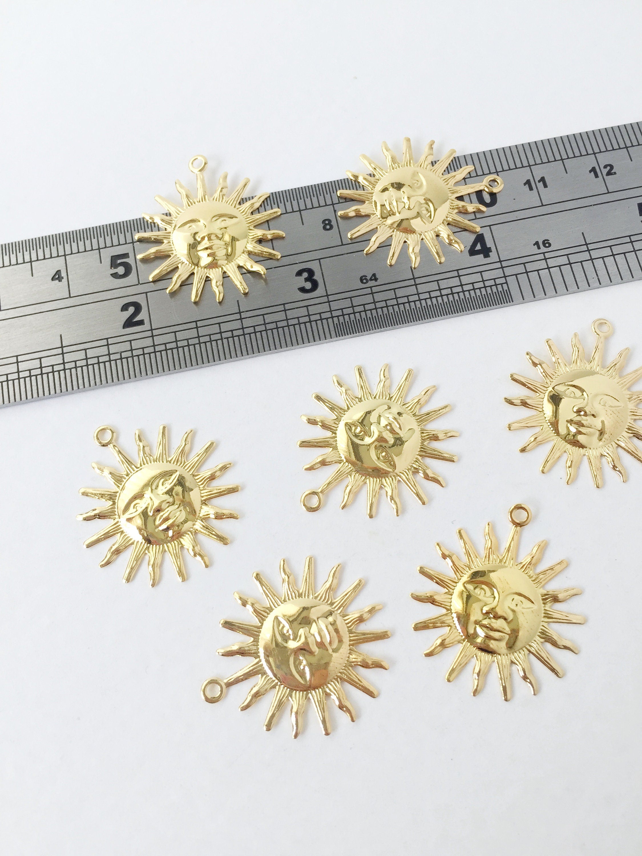 6 x Shiny Gold Plated Sun Pendants, 25x22mm (3360)