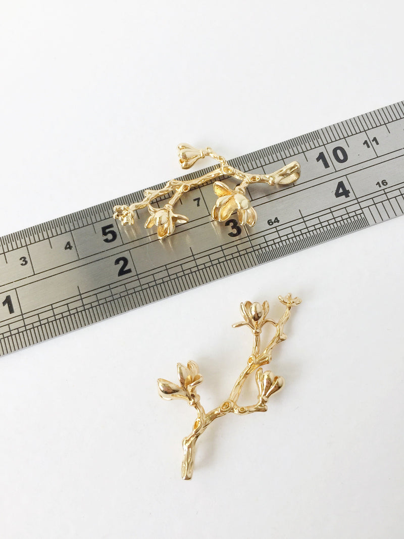 2 x Gold Plated Magnolia Branch Pendants, 42x24mm (1698)