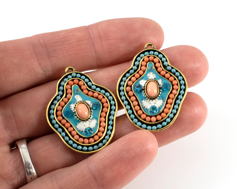 1 x Antique Gold Beaded Turquoise Crystals Pendant, 36x26mm (C0391)