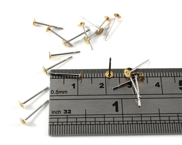 30 pairs x 12x3mm Flat Pad Brass and Stainless Steel Earring Studs (C0284)