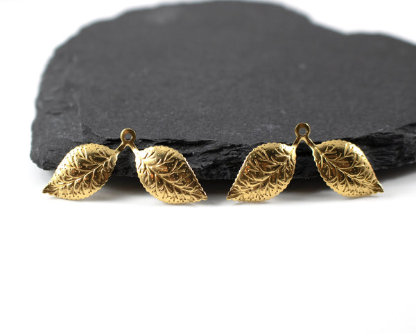 10 x Raw Brass Textured Double Leaf Charms, 31x14mm (C0096)