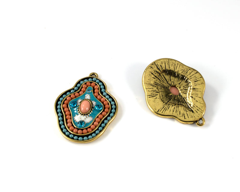 1 x Antique Gold Beaded Turquoise Crystals Pendant, 36x26mm (C0391)